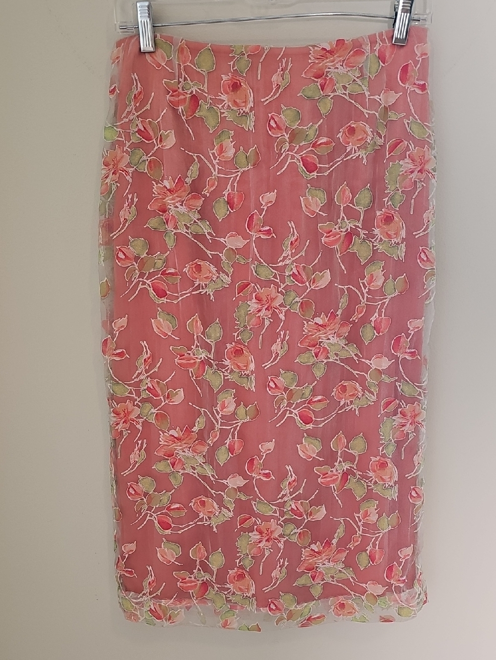 Neiman Marcus Coral Pink Floral‎ Pencil Skirt,  Sheer Overlay. Size 4